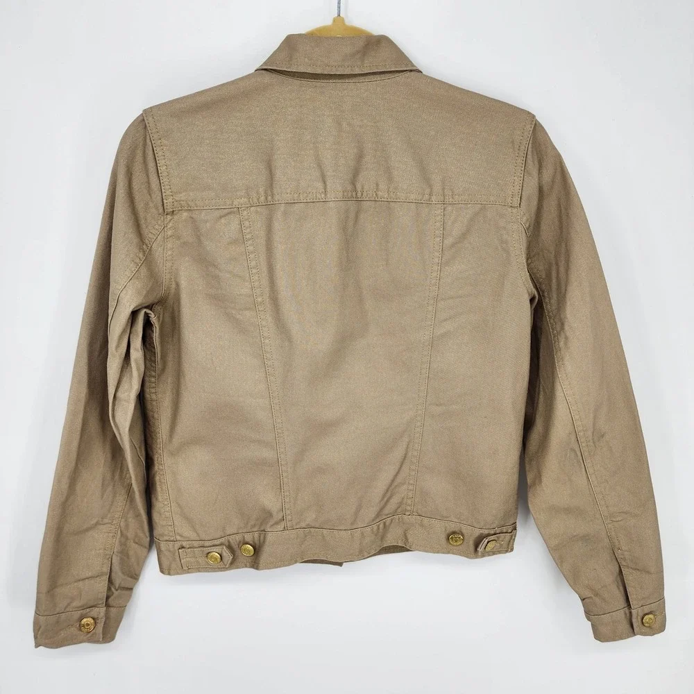 Ralph Lauren Metallic Denim Jacket Womens Size M Tan Gold Button Utility Stretch - Picture 2 of 10